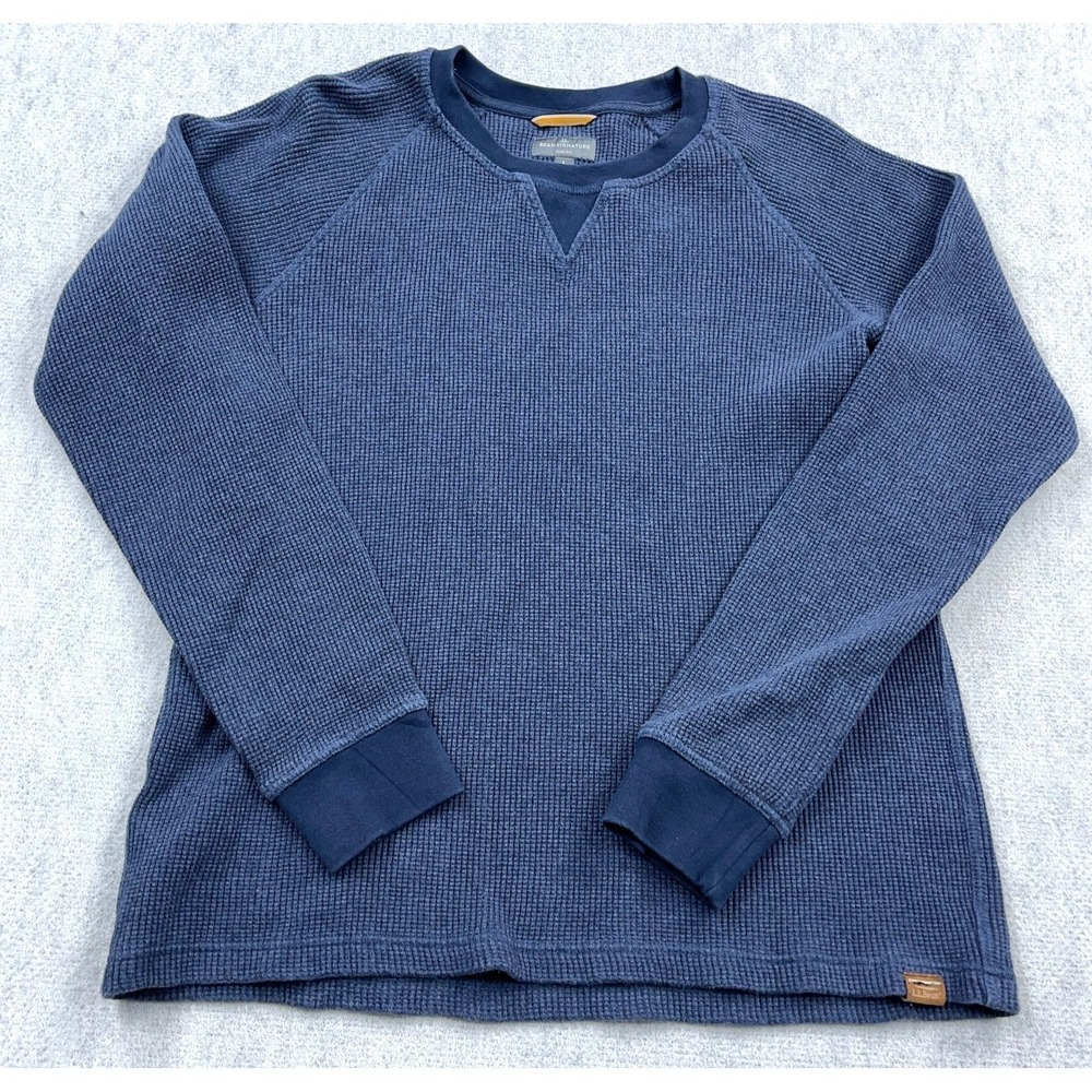 LL Bean Sweater Men Large‎ Blue Waffle Knit Crewneck Thermal Pullover Signature